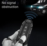 Robot hand with remote control, car in the background, 'No signal obstruction' text.