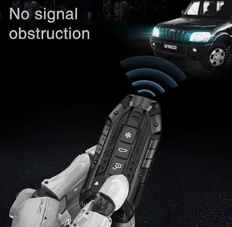 Robot hand with remote control, car in the background, 'No signal obstruction' text.