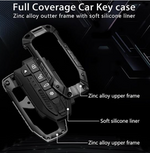 Car key case with zinc alloy outer frame and soft silicone liner on a dark background