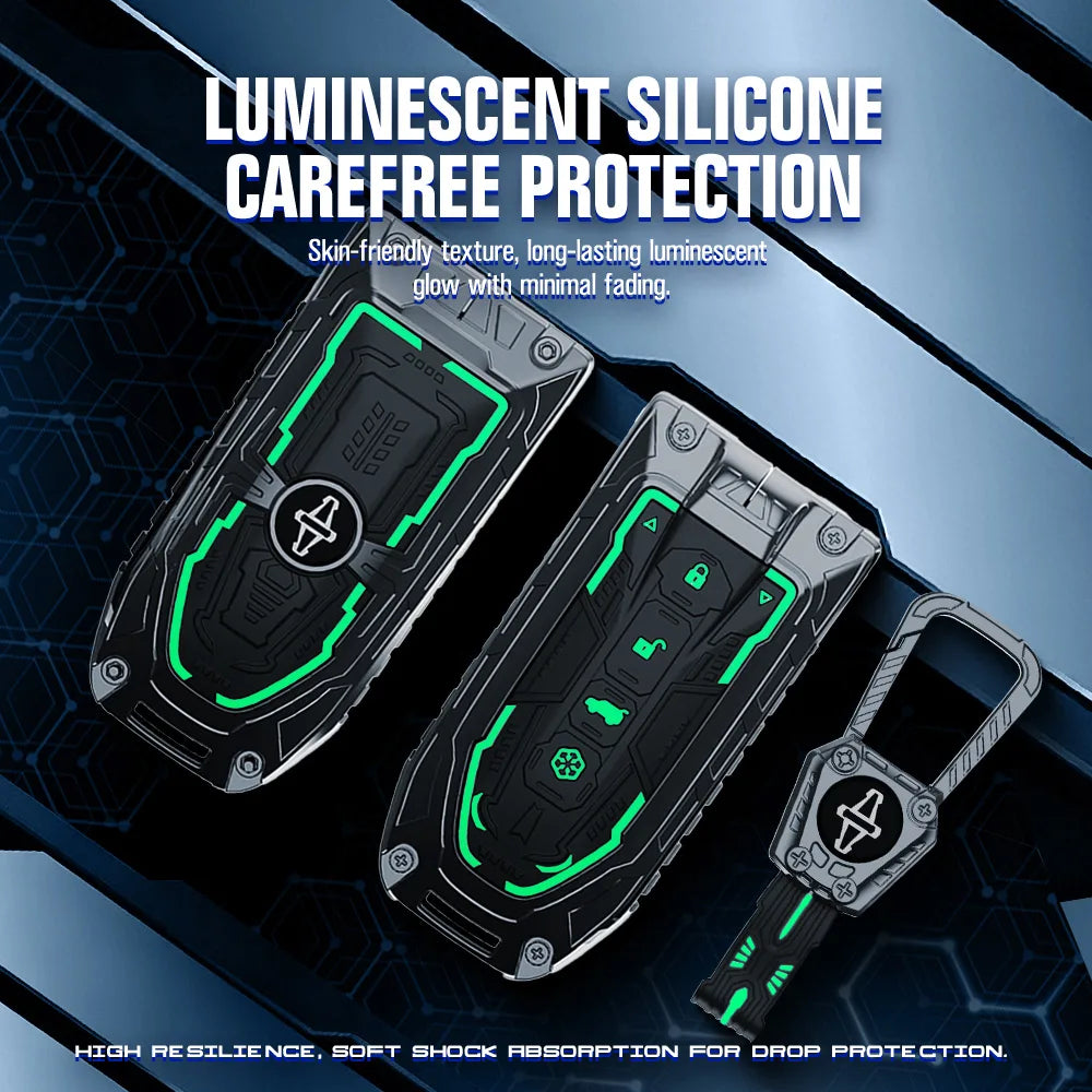 Luxury zinc alloy key case with luminous silicone edges and rugged protection