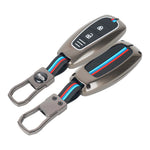 Metallic car key cover with blue and red accents on a white background