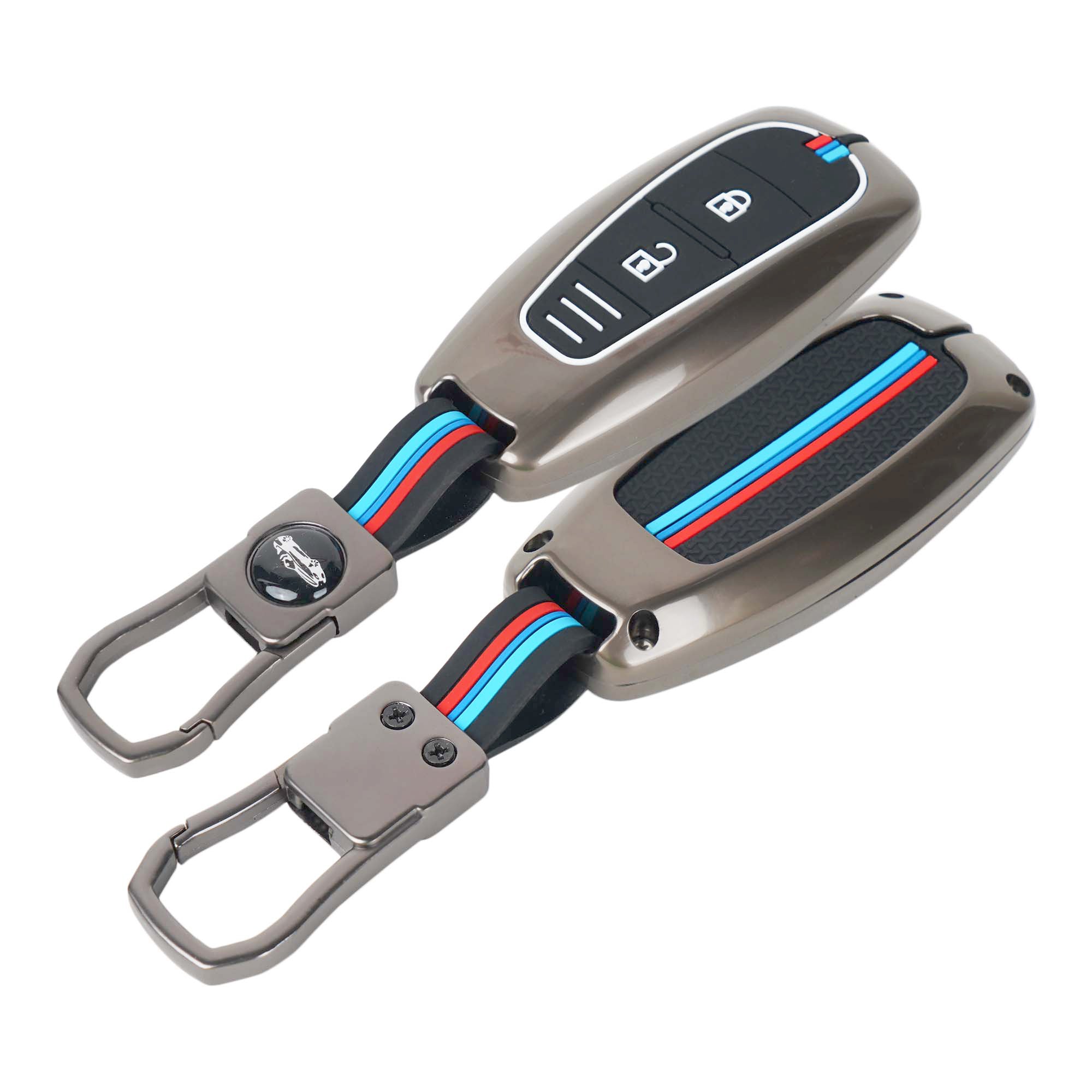 Metallic car key cover with blue and red accents on a white background