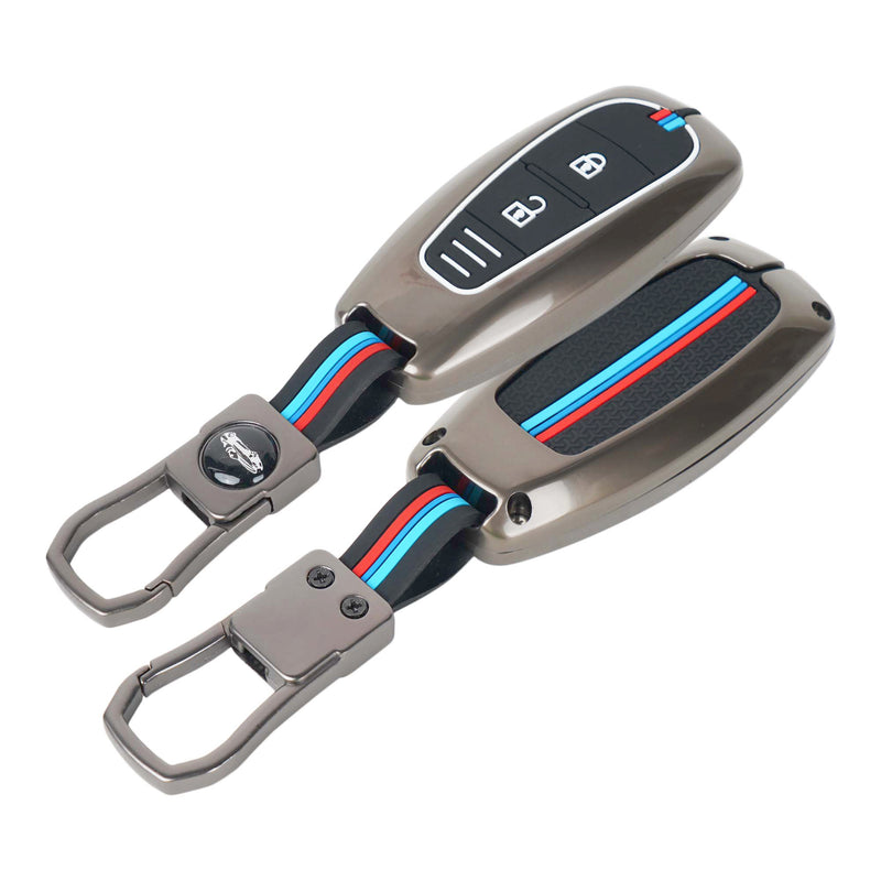 Metallic car key cover with blue and red accents on a white background