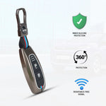 Car key fob with keychain on a white background, featuring icons for inner silicone protection, 360-degree protection, and resistance-free signal.