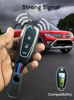 Hand holding a car key fob with a red SUV in the background, emphasizing strong signal and compatibility.