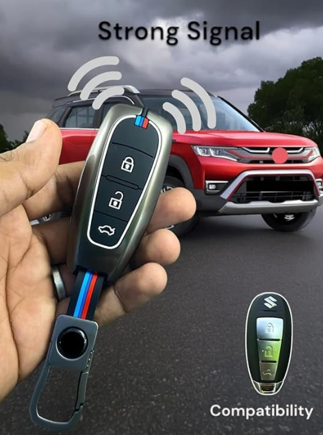Hand holding a car key fob with a red SUV in the background, emphasizing strong signal and compatibility.
