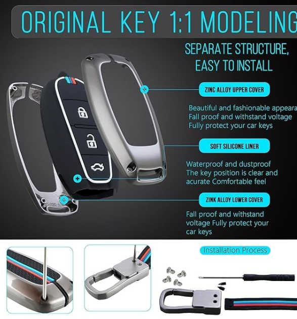 Key fob cover with installation process on a dark background