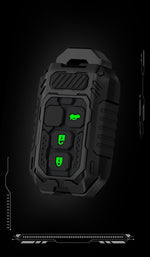 Black electronic device with green lights on a dark background