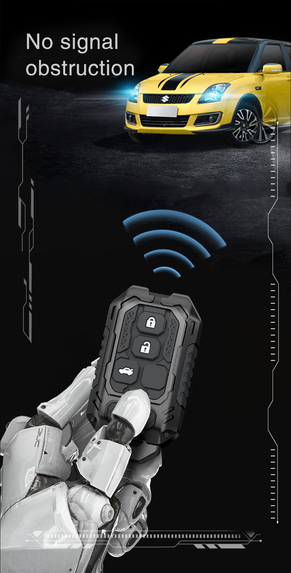 Robotic hand holding a car key fob with a yellow car in the background on a dark background