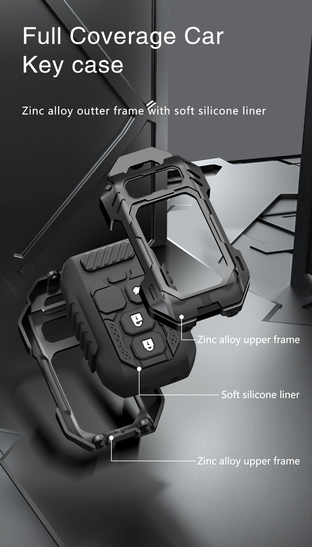 Car key case with labeled components on a dark background
