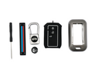 Set of car key fob accessories including a remote, keychain, and tools on a white background.
