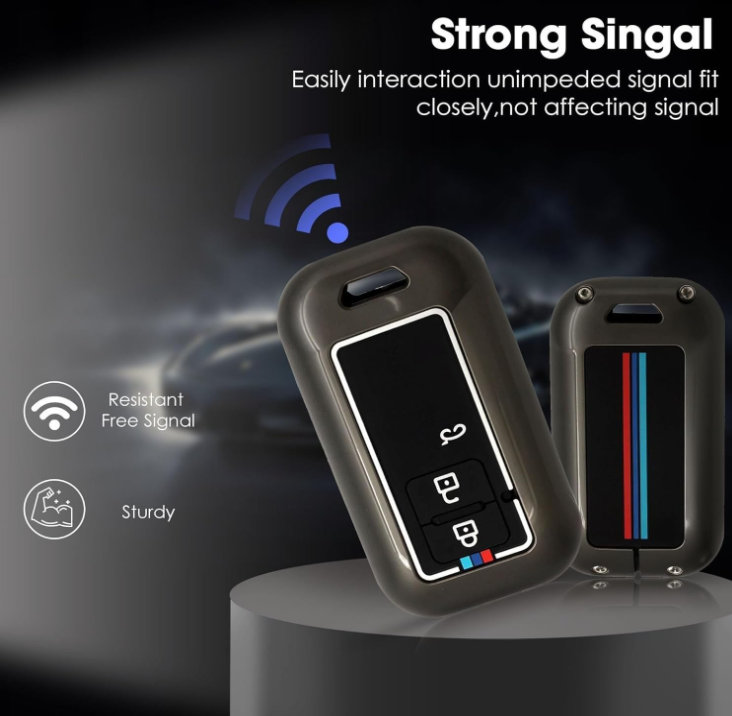 Two car key fobs with a dark background and text about signal strength and durability.