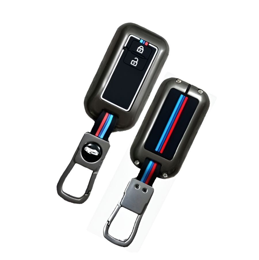 Premium Auto Thrill smart key case for Baleno XL6 Ertiga Glanza Hyryder with sporty stripe design metal silicone key protector