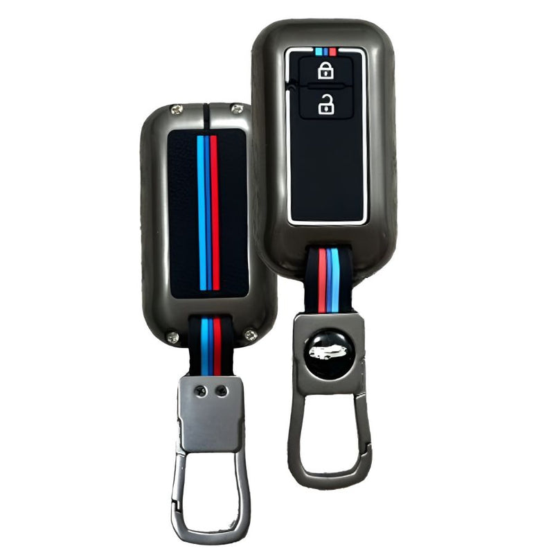 Auto Thrill 2 button smart key cover for Baleno Swift Brezza Dzire Fronx Grand Vitara with black metal silicone finish and hook clip