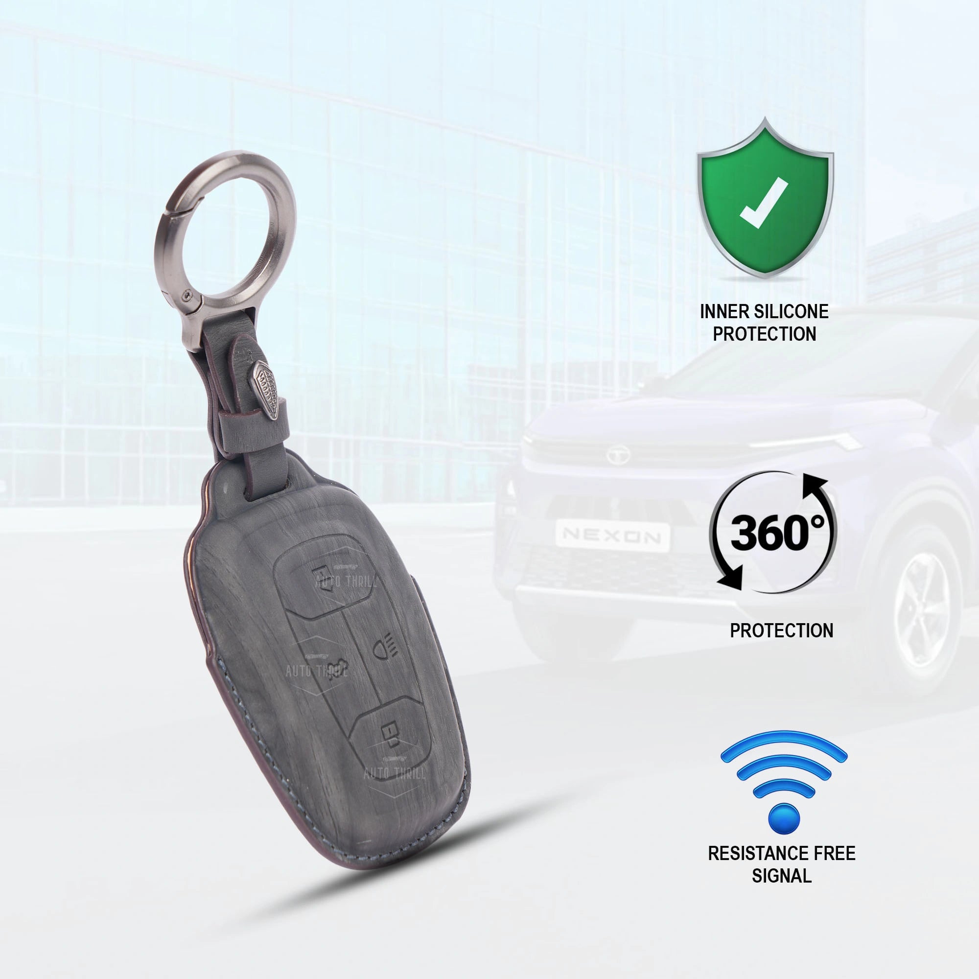 Tata leather key cover with 360 protection and signal friendly design